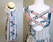 Criss Cross Back Floral Dress Vintage Farm Country XS