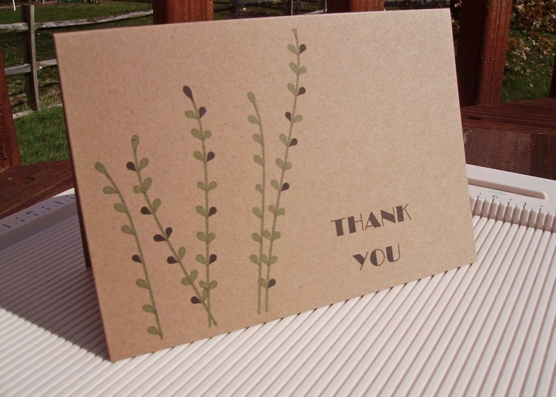 Botanical Thank You Cards - Spring Summer Fall Kraft Green Leafy Stem Collection, Green Leaves Branch Silhouettes, Garden Thank You Notes