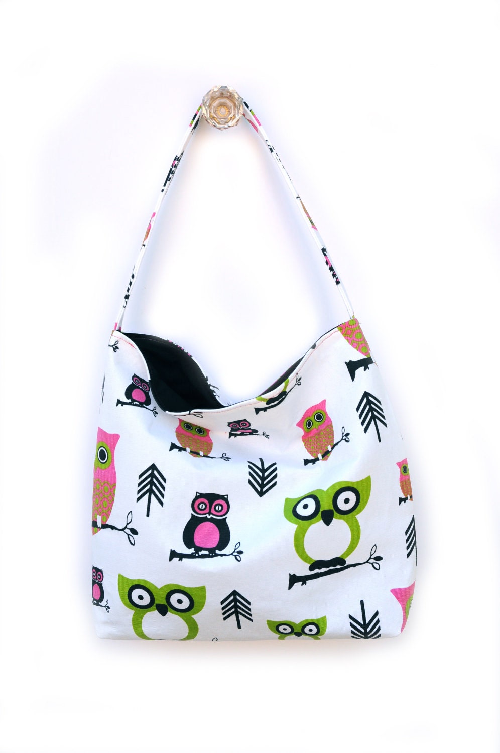 Owl Shoulder Slouch Bag - Medium Sized with Bright Hot Pink Green and Black Owls