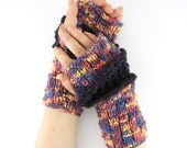 purple knit fingerless gloves knit arm warmers fingerless mittens eggplant blue yellow blend unisex women men tagt team curationnation