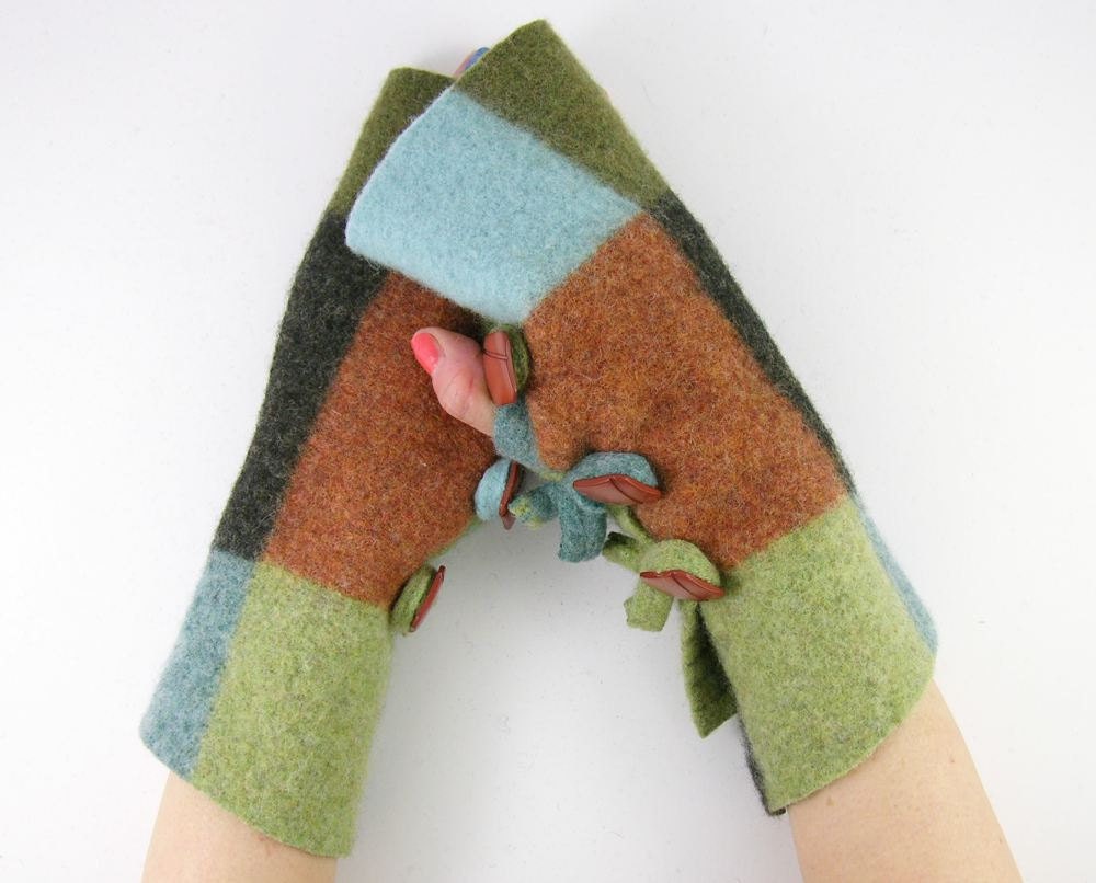 color block arm warmers fingerless mittens wrists warmers fingerless gloves recycled wool fall blue brown green eco friendly curationnation