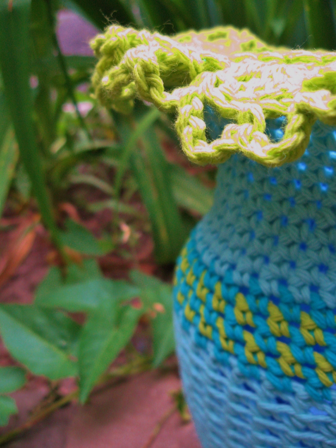 Hand Crocheted Cotton Scalloped Edged Table Lantern with Recycled Glass Vase