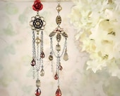 Weeping Rose - Asymmetric Asymmetrical Mismatch, Romantic Red Rose Earrings, Unique, Artisan, Garnet, Boho Bride, Bohemian Garden Wedding