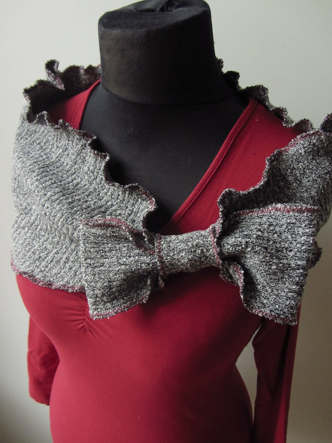 Gray Circular Knit Shawl with Bow - made from repurposed sweater - Women Accessories Scarves - Upcycled Clothing