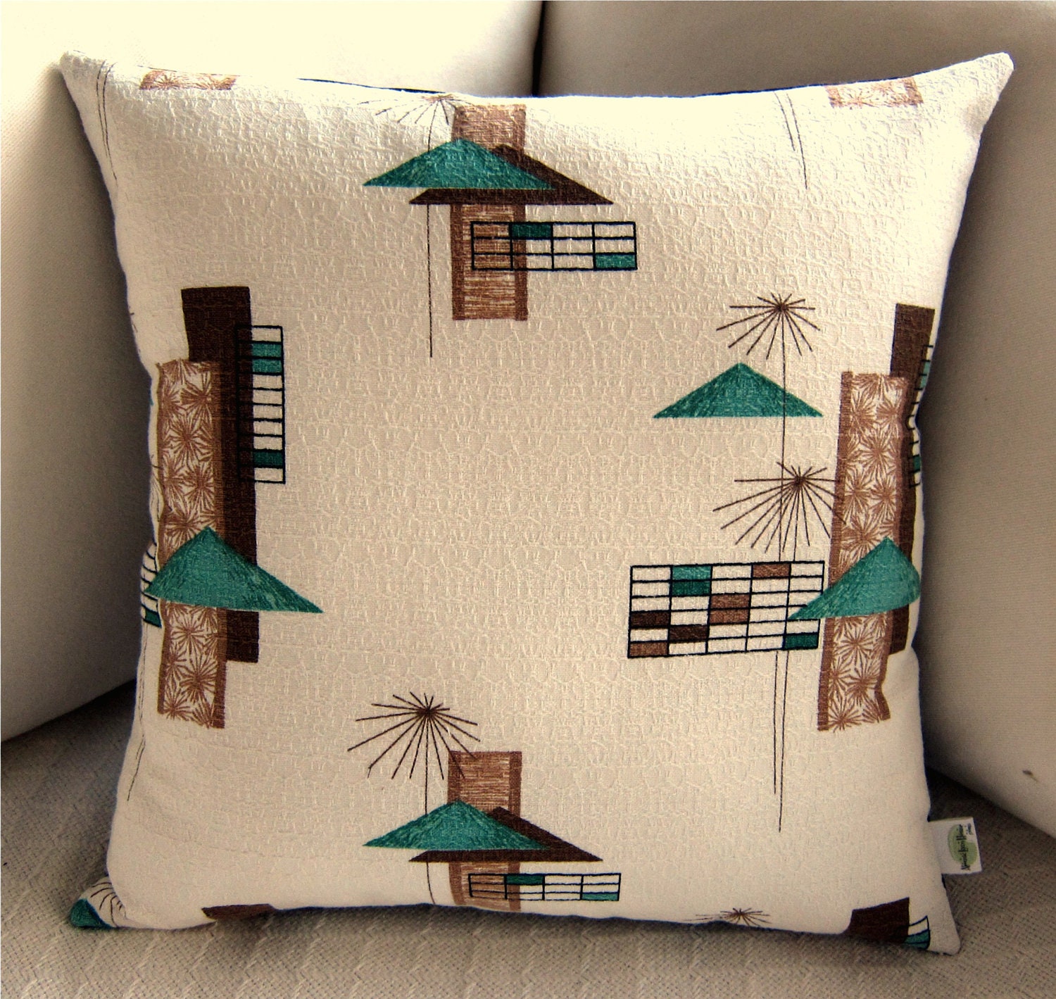 1950s Retro Barkcloth Pillow Cover --  Vintage Pattern CABANA - Teal and Browns on White  -- for 18" x 18" insert