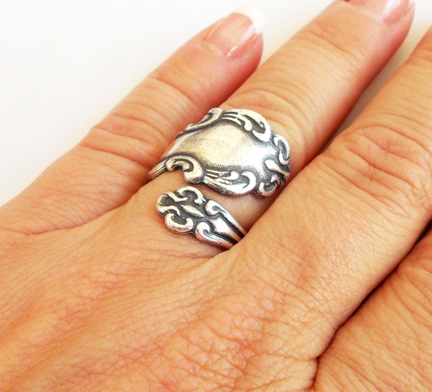Steampunk Spoon Ring- Bypass Ring- Adjustable- Sterling Silver Finish