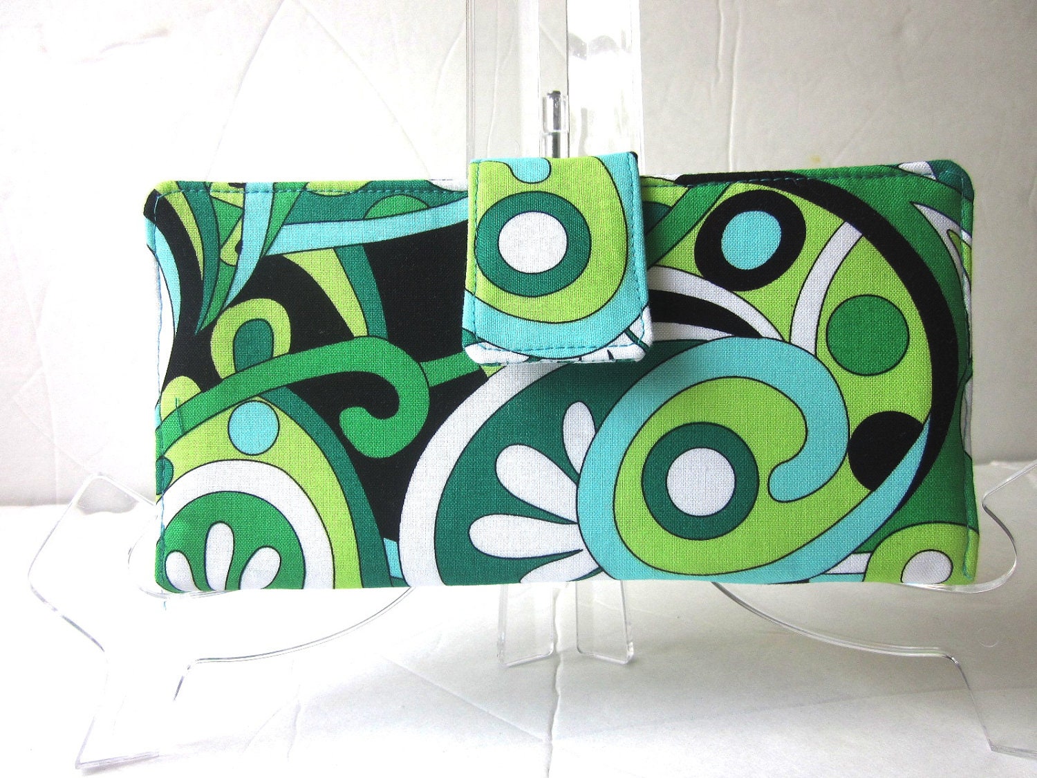 On sale handmade women wallet with ID clear pocket Retro mod swirls in green, vegan