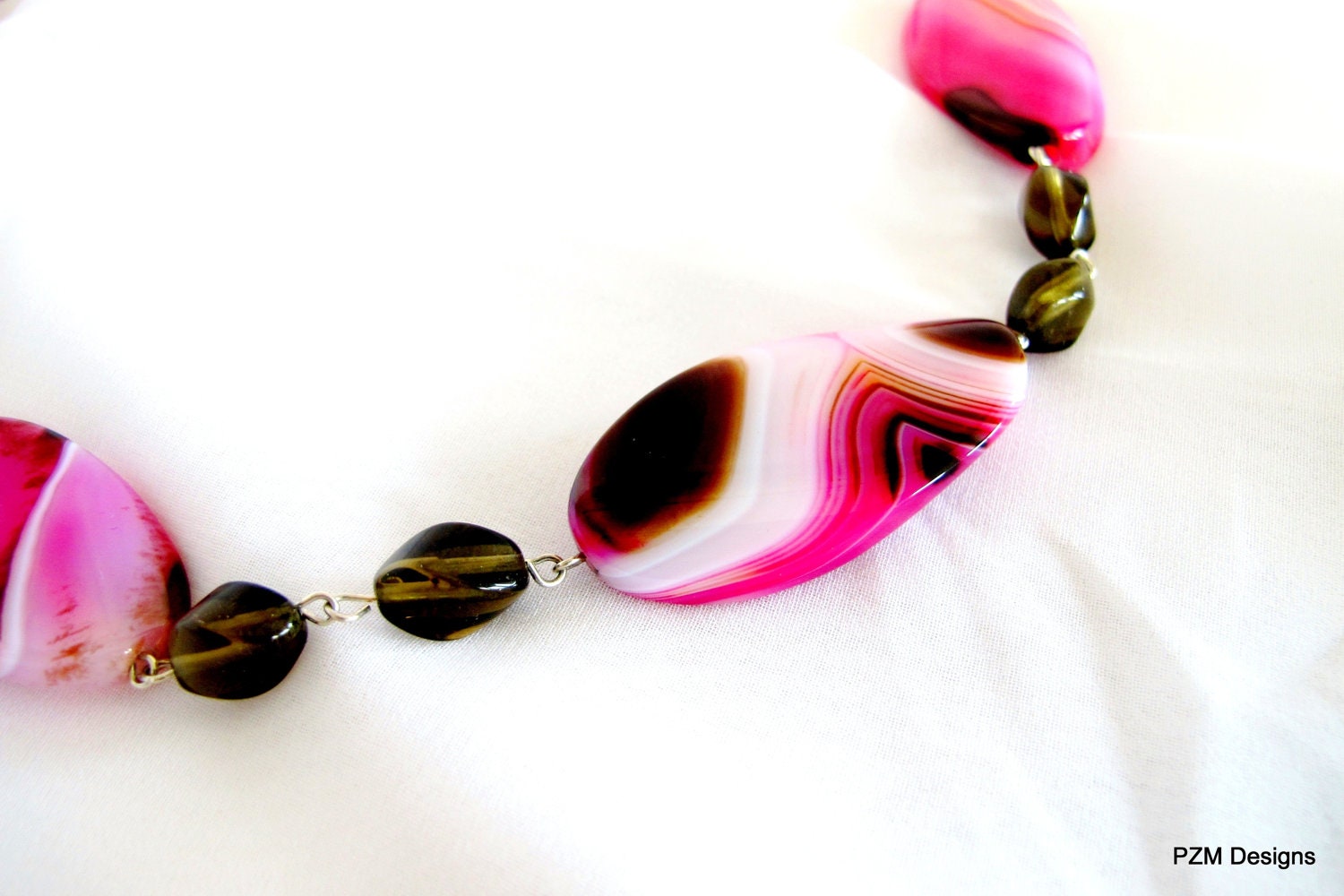 Smokey quartz necklace with pink agate gemstones, statement necklace