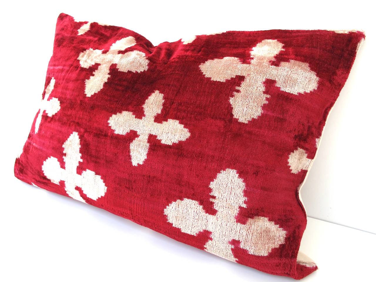 Decorative Turkish Ikat Throw Pillow Cover by DivanCushu : Handwoven VELVET IKAT Pillow, 16x24inch, Velvet Ikat Pillow, Dark Red, Beige