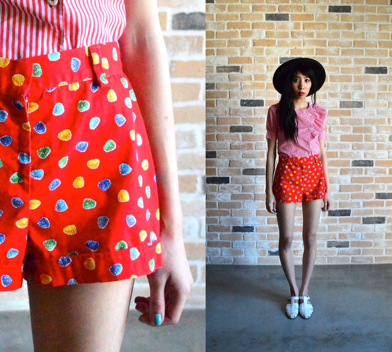 90s rainbow gumdrop high waist shorts - soft cotton linen - adorable candy print - extra small XS small S