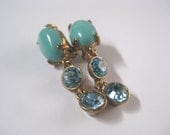 Turquoise Color  Earrings Faceted Oval Beads with Circular Beach Blue Crystals Set in Gold Tone  FREE Shipping