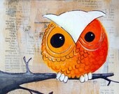 Owl print- One little orange and white owl-  Big Print in 5x7 inches - owl, feather, lion, tree, moon, mushroom, peacock.... you pick