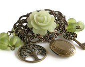 Locket Bracelet Glass Beaded Charm Bracelet Victorian Filigree Olive Green Rose Flower Bracelet Vintage Style Floral Jewelry
