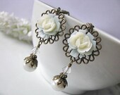 Pale Blue Aqua And Ivory Rose With Clear Swarovski Crystal And Antiqued Brass Capped White Glass Pearl Earrings - Vintage Style, Shabby Chic