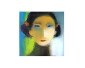Portrait Oil on Canas, green turquoise, original oil painting 12x12 oil on canvas