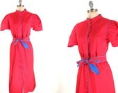 70s 80s Red Button Front Tie Belt Retro Dress Small Medium