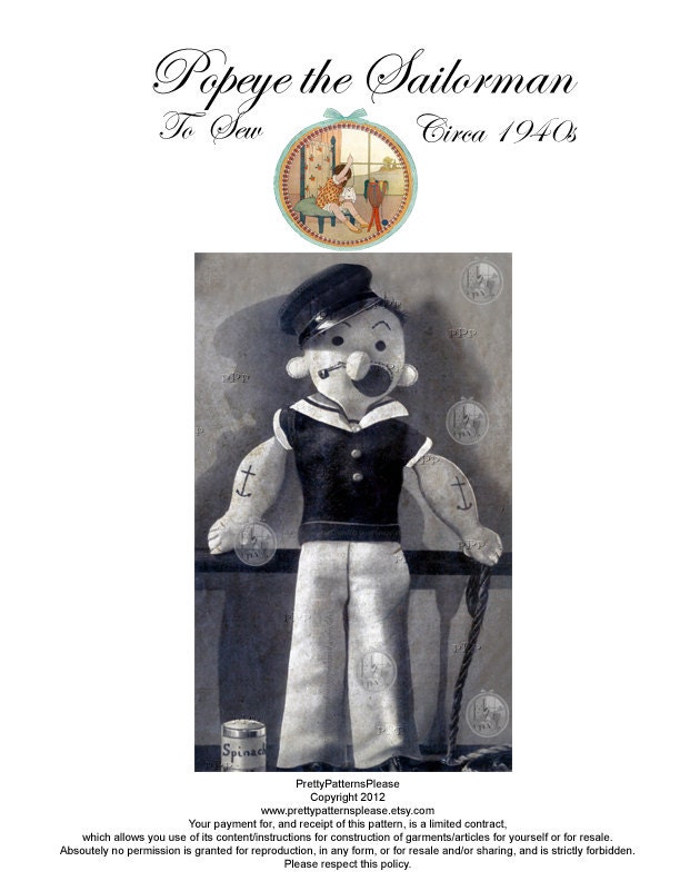Rare Popeye Doll Vintage Sewing Pattern - Digital PDF Email Delivery - PrettyPatternsPlease
