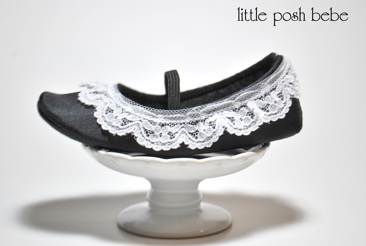 Toddler Shoes Emmaline Black Mary Janes with White lace ruffle embellishment (Size 5-13)