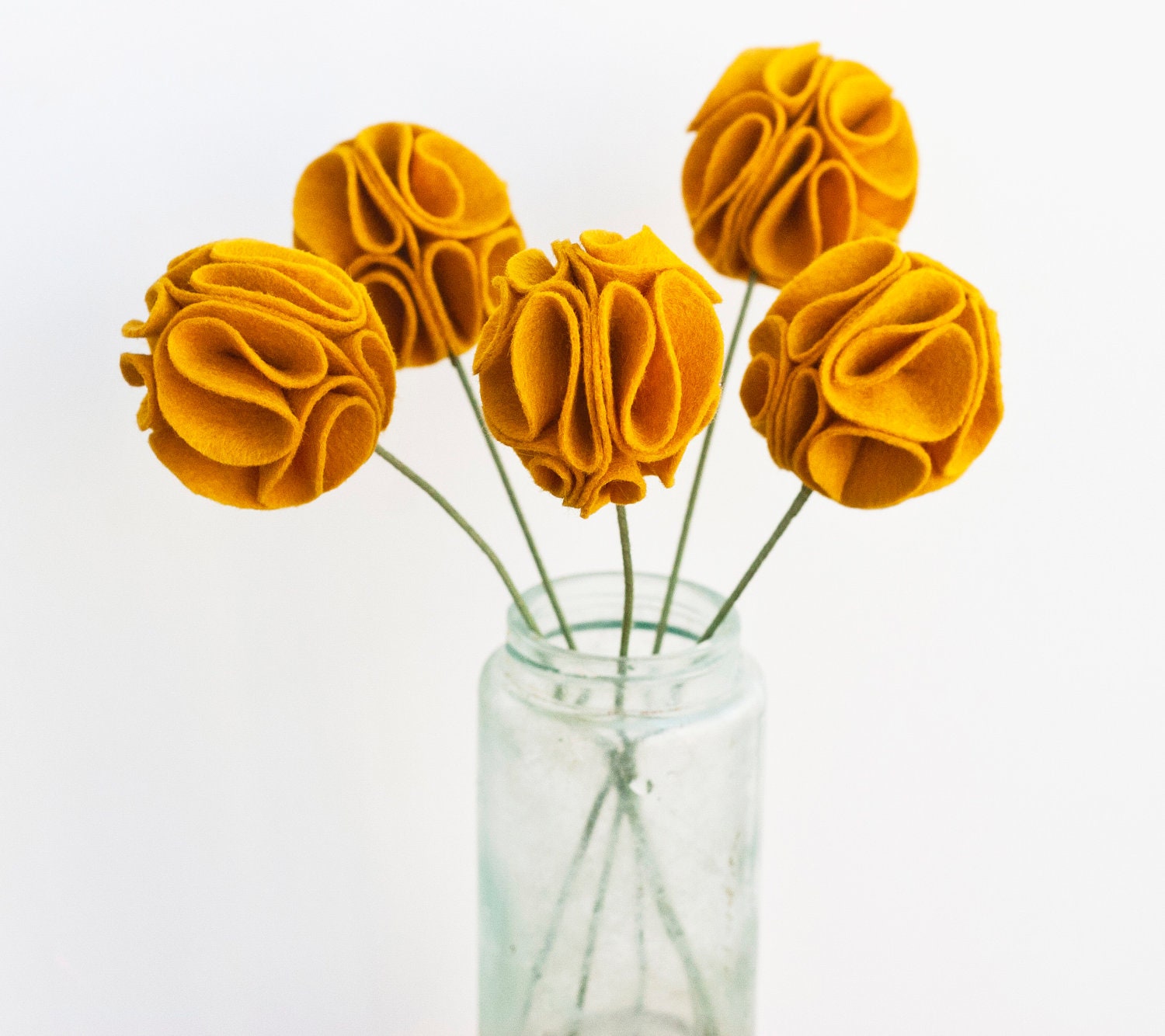 Mustard Felt Pom Pom Flowers (set of 5)
