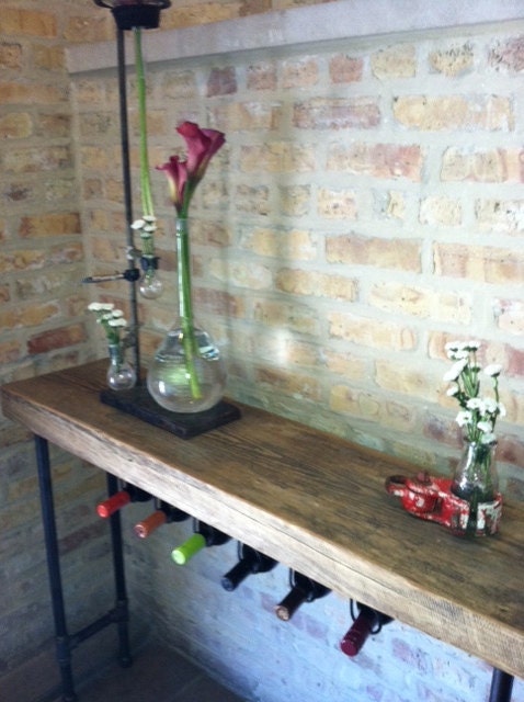 Industrial Reclaimed Wine Bar and Rack (150 year plus "old growth" wood) free shipping 48"  l x 11.5" w x 35" tall