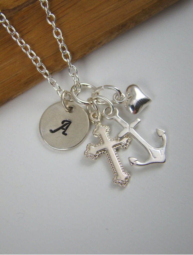 Faith Hope Love Charm Initial Necklace, Cross Anchor Heart Charms, Sterling Silver IN008