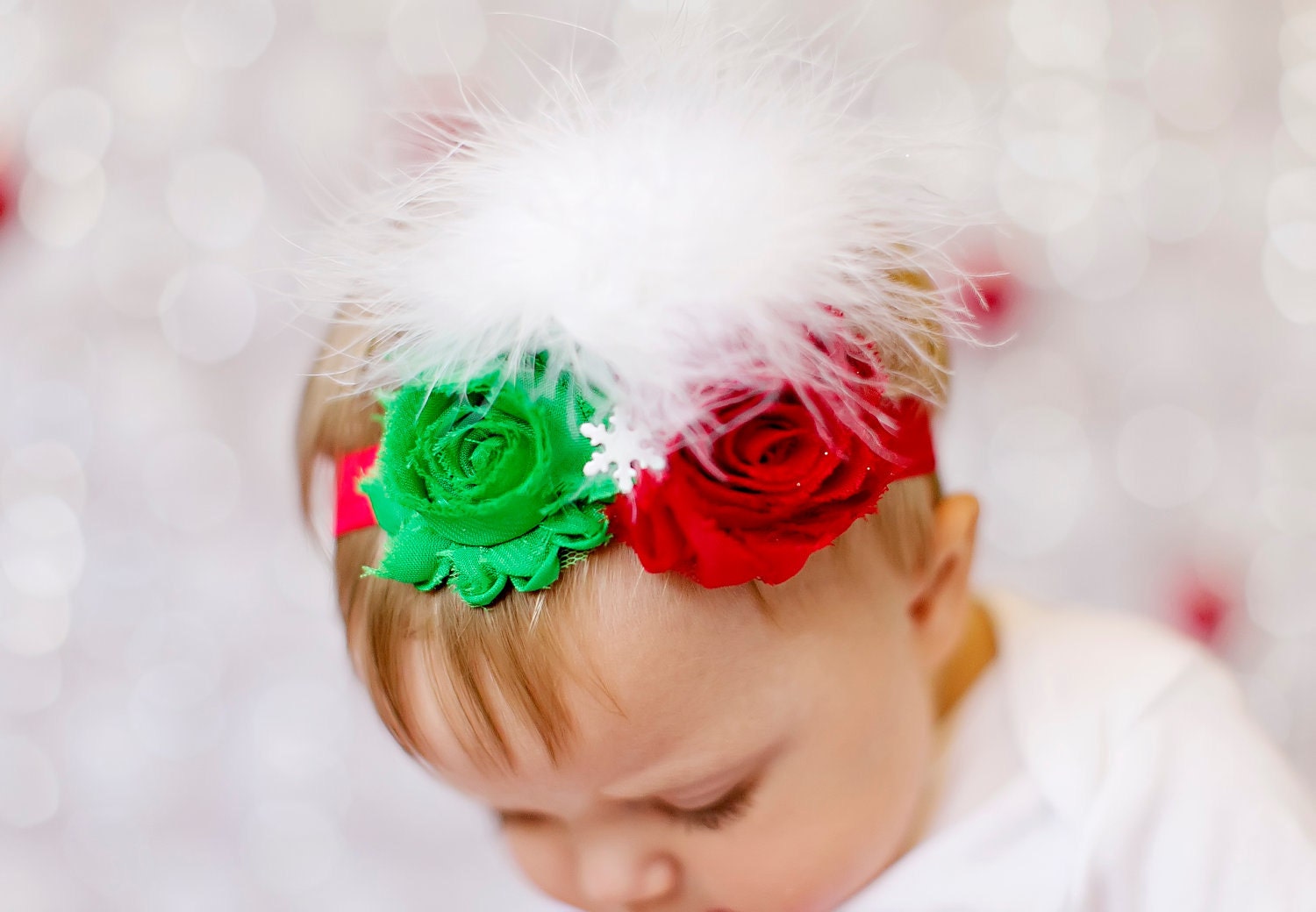 Red and green shabby chiffon rosette w/white feathers and white snowflake attached to a shimmery red headband baby newborn toddler girl