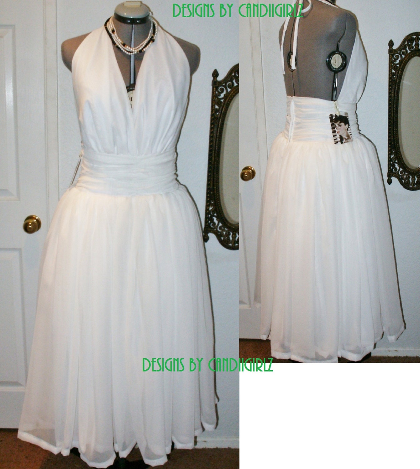 1950s Inspired Custom made bombshell Marilyn Halter Bridal evening Tea length Dress