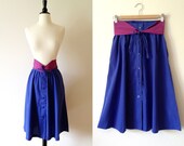 1980s violet blue colorblock button front skirt with obi belt xs