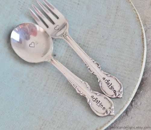 Personalized Vintage Baby Spoon & Fork Set - Hand Stamped with Your Baby's Name- AS SEEN IN American Baby Magazine