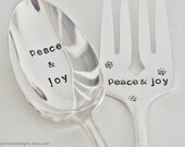 PEACE & JOY- Large Hand stamped Vintage Serving Fork and Spoon Set for your Christmas Table
