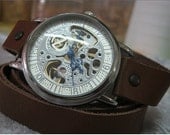 Skeleton Vintage Retro Steampunk camel Tan Leather Wrap Watch Mechanical Wind Watch with a lovely Silver Gold skeleton pattern FREE SHIP
