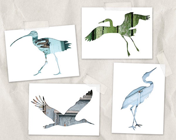 birds postcard set, silhouette postcards, 4x6, set of 4, blank notecard, green, gray, blue, sandpiper, crane, stork, animal art