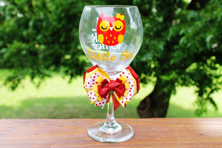 Red Yellow Owl Big Sis Little Sis Wine Glass