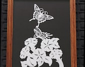 Butterflies On Petunias - Scherenschnitte - Hand Paper Cutting Art signed and dated By Janet Lynch -11x14 Framed