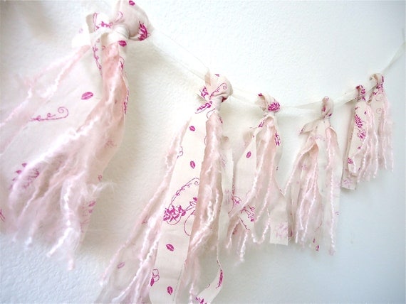 Pink Wedding Banner. Shabby Chic Banner. Romantic Wedding Decor. Shower Decor. Pink Fabric and Yarn banner. Tassel Fabric and Yarn Banner