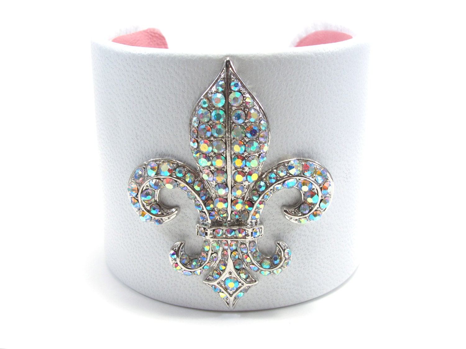 Crystal Fleur de Lis Bracelet - White Leather Cuff - Mardi Gras Jewelry - French Accessory - Aurora Borealis Crystal Cuff