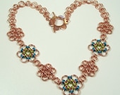 Copper Japanese Flowers Chain Mail Necklace Chainmaille Jewelry Peacock Blue and Lime
