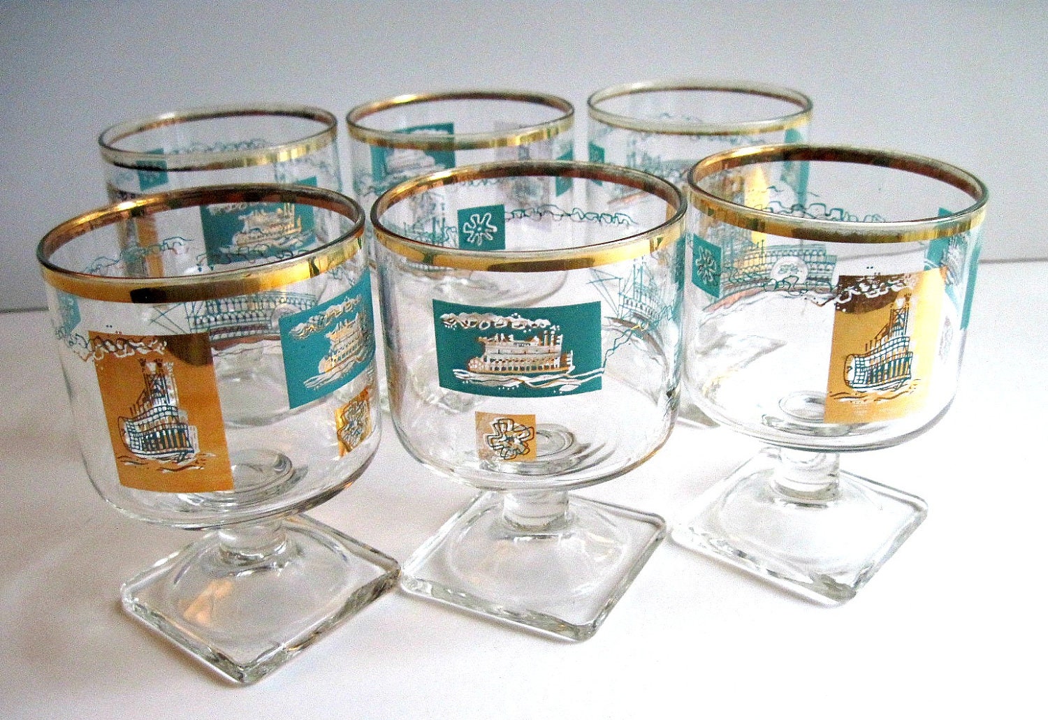 Vintage Mid Century Glasses Gold and Aqua Barware Southern Comfort