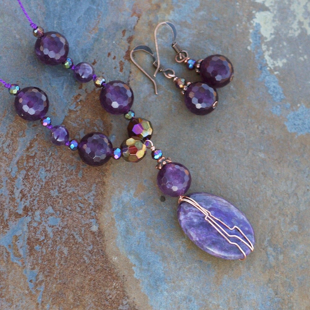 Purple Jewelry Set, Copper Wire Wrapped Necklace, Purple Lepidolite Stone Pendant, Copper Crystals, Handmade, Natural