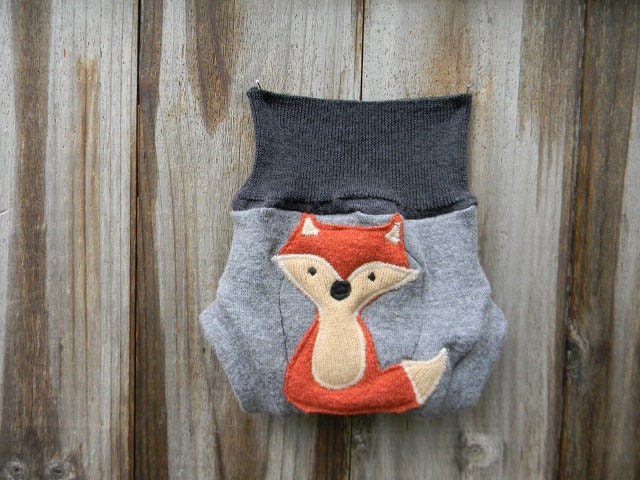 Upcycled Wool Soaker Cover Diaper Cover With Added Doubler Gray With Fox Applique NEWBORN 0-3M Kidsgogreen