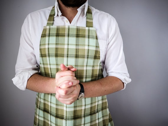 Mens Apron / Mint and Beige Plaid