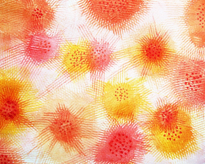 Abstract watercolor painting 8 x 10 in fine art giclee print stripes polka dots circles lines orange yellow red pink boho modern  home decor