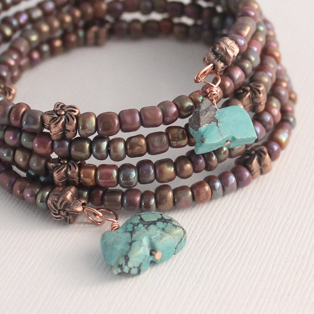 Rainbow Purple Bracelet - Copper Flowers, Turquoise Rabbits