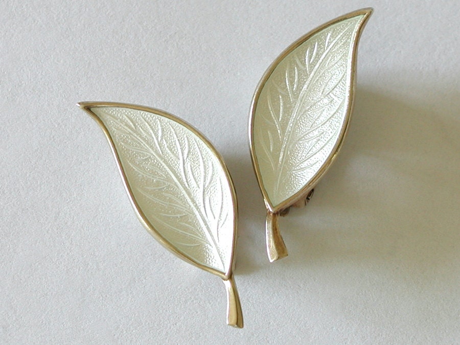 Denmark Enamel Earrings Clip White Leaf Vermeil on Sterling Mid Century