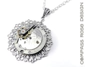 Steampunk Necklace - Vintage Pocket Watch Movement Pendant - One Jewel - Silver by Compass Rose Design