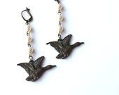 Pearl  bird earrings - flying  brass goose - long rustic woodland forest  fall fashion gift for her under 20