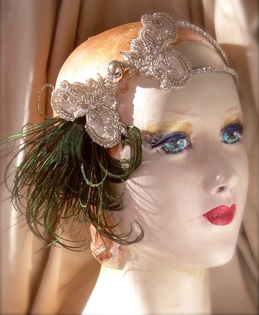 daphne in green - flapper bridal headpiece with silver  beadwork,  vintage rhinestone band and cruelty free peacock feathers