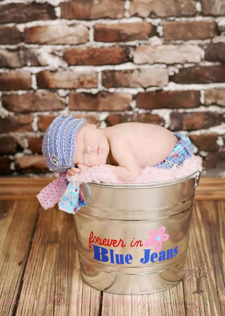 Adorable Newborn Blue Girly Jean Baby Hat and Diaper Cover Set with bling (Sash NOT included)