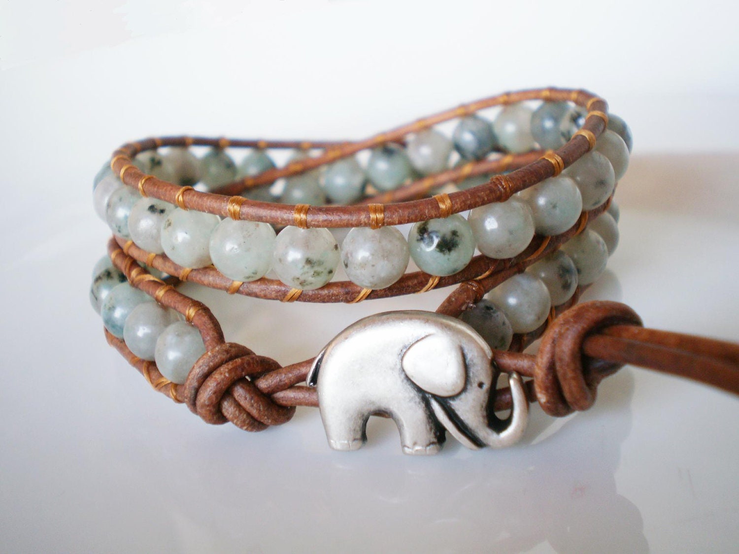Leather Wrap Jasper Bracelet with Elephant Button