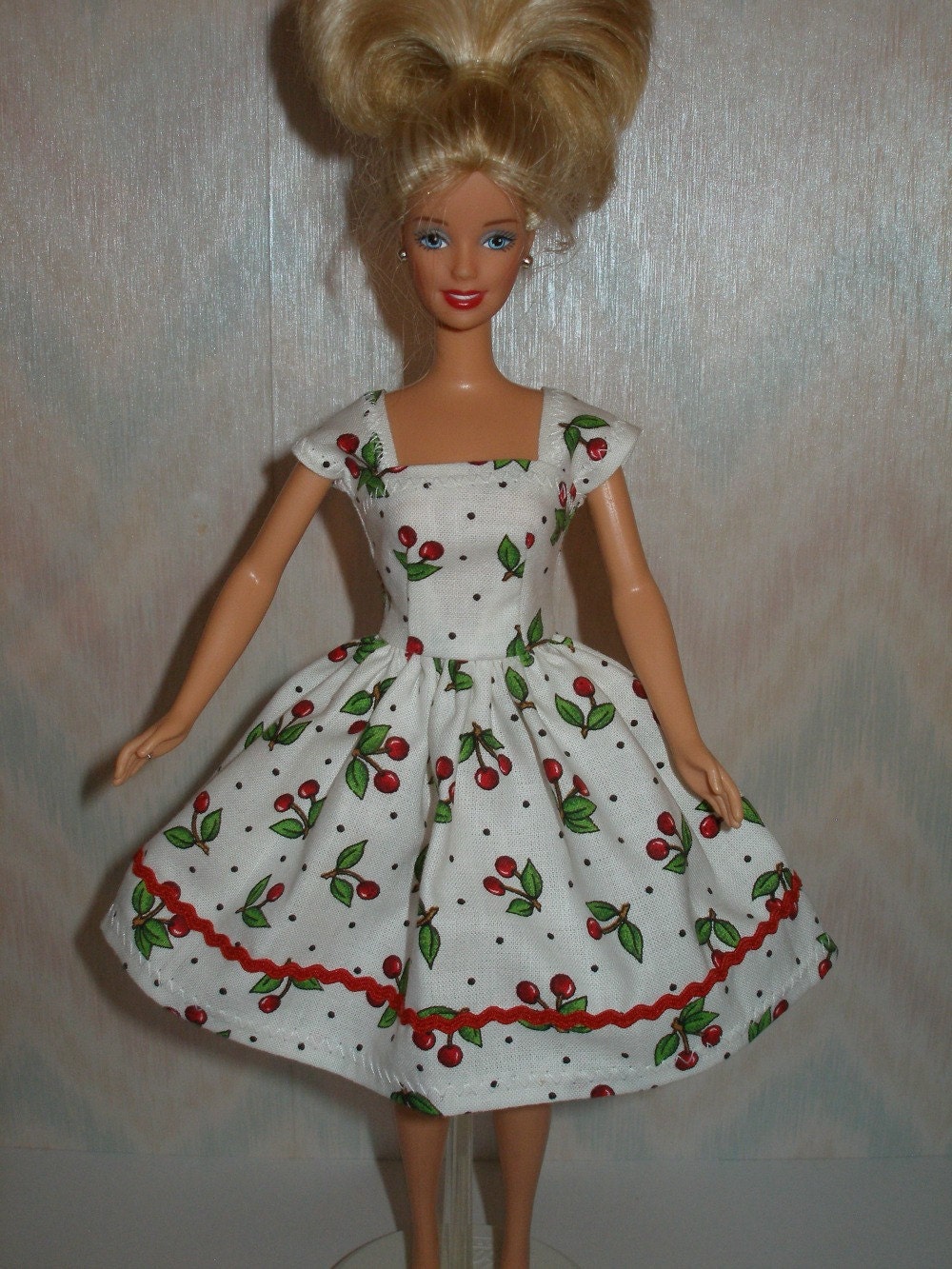Handmade Barbie clothes - white and red cherry print dress